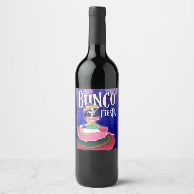 Bunco Game Night Fun Day of The Dead Fiesta Party Weinetikett (Vorderseite)