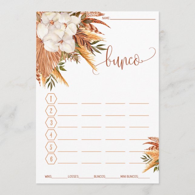 Bunco Score Card Fall Floral Pampas Grass Menükarte (Vorderseite)