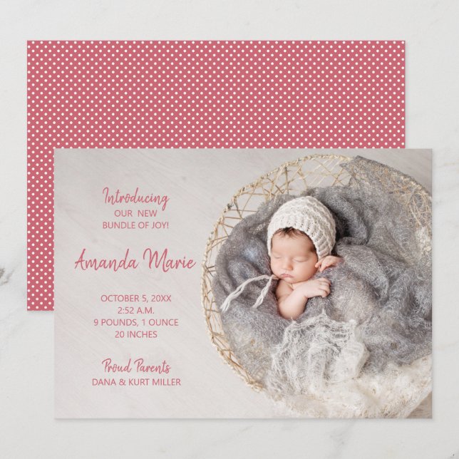 Bundle of Joy Baby Girl Foto Geburtsankündigung (Vorne/Hinten)