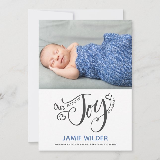 Bundle of Joy Foto Birth Baby Boy Blue Ankündigung (Vorderseite)