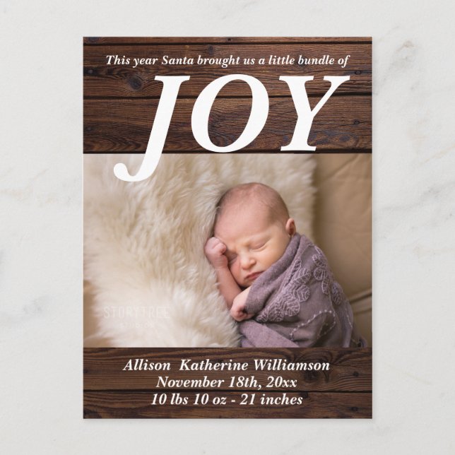Bundle of Joy Rustic Wood New Baby Weihnachts-Foto Postkarte (Vorderseite)