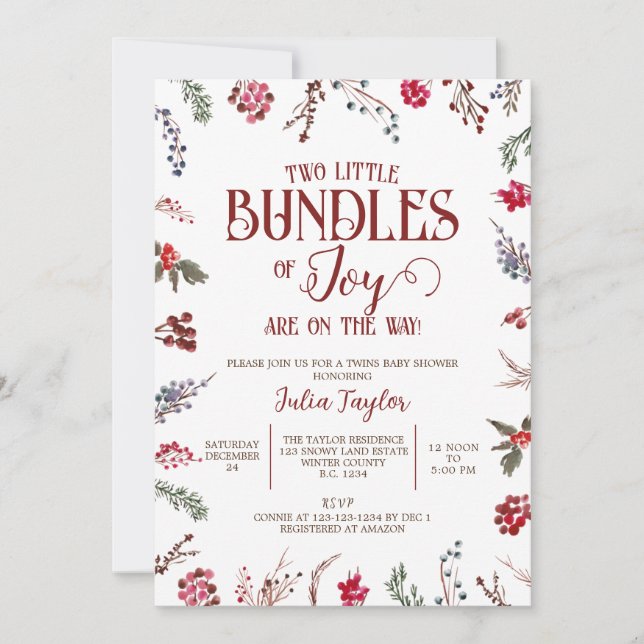 Bundles of Joy, Berries & Holly Twins Baby Shower Einladung (Vorderseite)