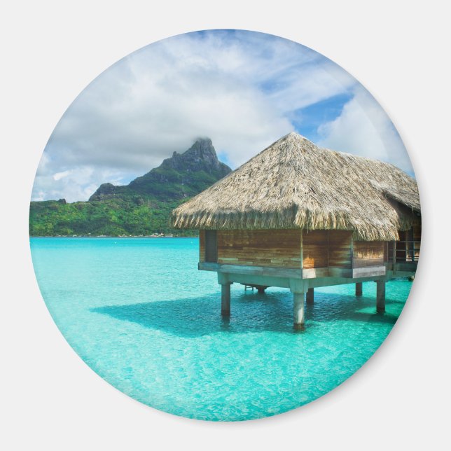 Bungalow aquatique, aimant rond Bora Bora (Devant)