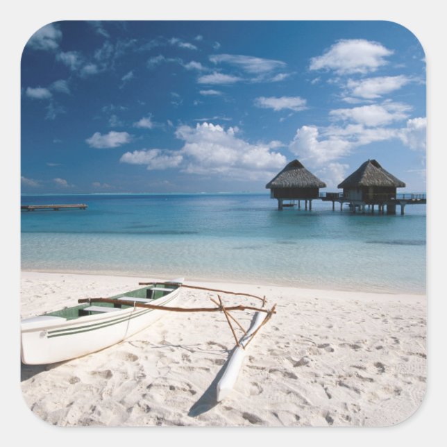 Bungalows vom Strand Motu Toopua Quadratischer Aufkleber (Vorderseite)