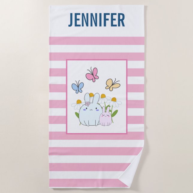 Bunnie Blume & Butterfliegen Personalisiert Strandtuch (Vorderseite)