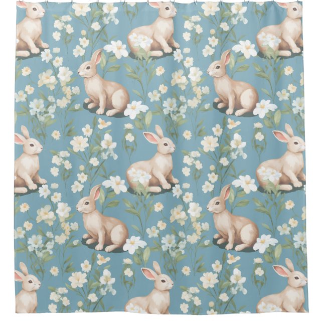 Bunnies auf hellblauem Hintergrund Duschvorhang (Vorderseite)
