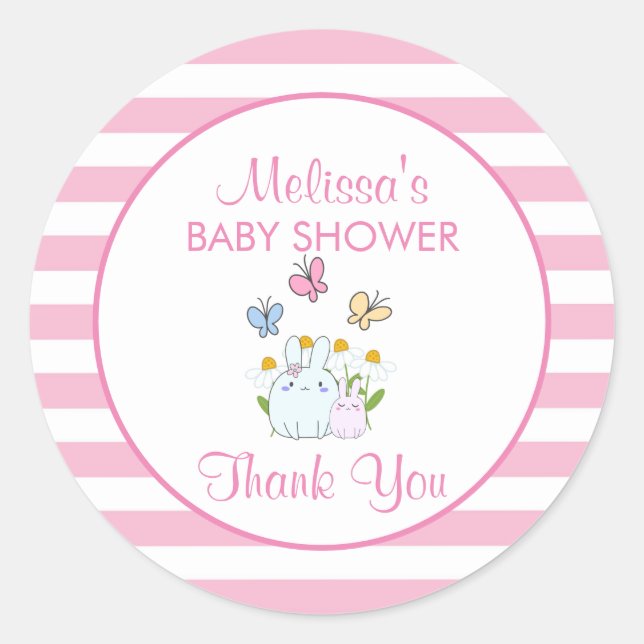 Bunnies, Butterflies & Daisies Babydusche Danke Runder Aufkleber (Vorderseite)