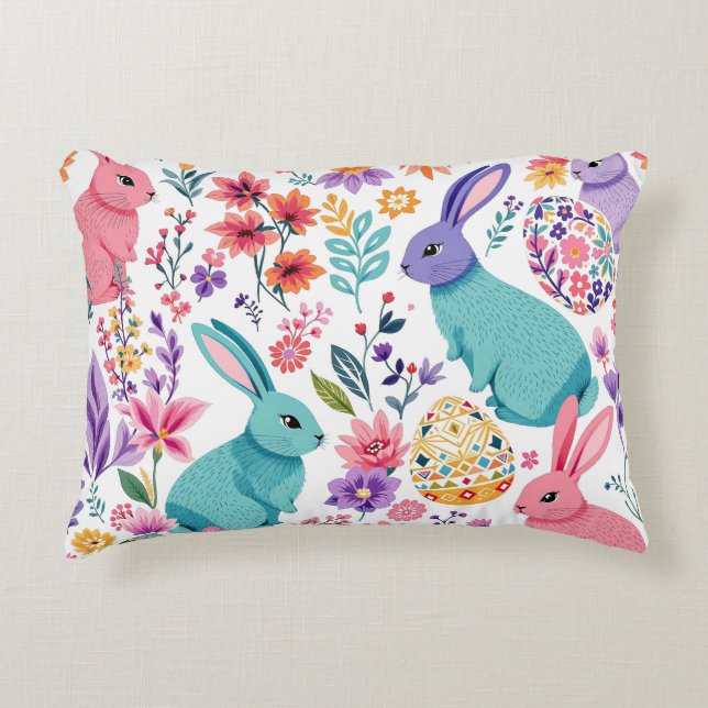 Bunnies farbenfrohe Frühlingsmuster Ostern Dekokissen (Vorderseite)