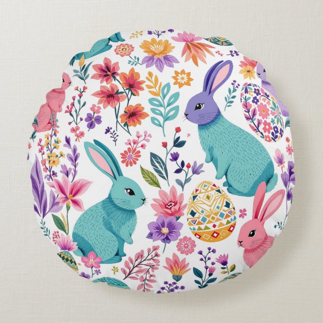 Bunnies farbenfrohe Frühlingsmuster Ostern Rundes Kissen (Vorderseite)