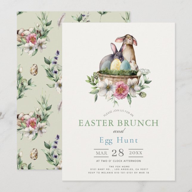 Bunnies Floraux Brunch & Egg Hunt Invitation (Devant / Derrière)