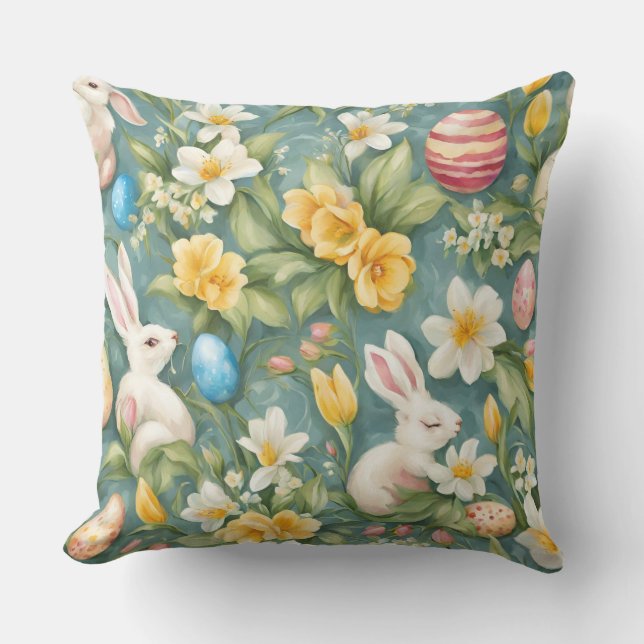 Bunnies, Frühlingsblumen und Ostereier. Malerei Kissen (Vorderseite)