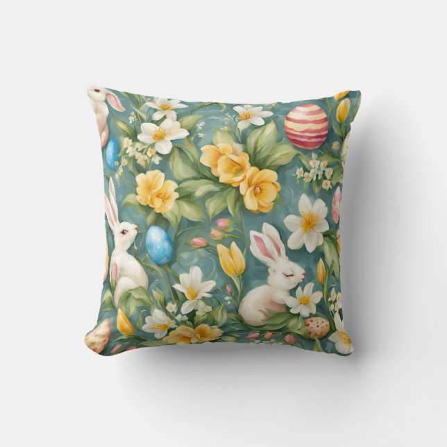Bunnies, Frühlingsblumen und Ostereier. Malerei Kissen (Vorderseite)