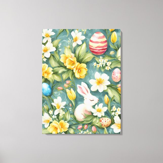 Bunnies, Frühlingsblumen und Ostereier. Malerei Leinwanddruck (Vorderseite)