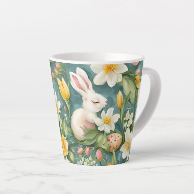 Bunnies, Frühlingsblumen und Ostereier. Malerei Milchtasse (Rechte Ecke)
