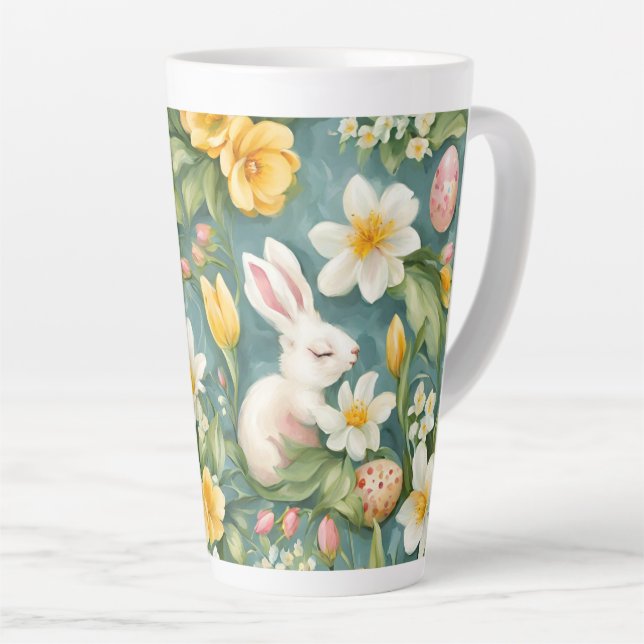 Bunnies, Frühlingsblumen und Ostereier. Malerei Milchtasse (Rechte Ecke)