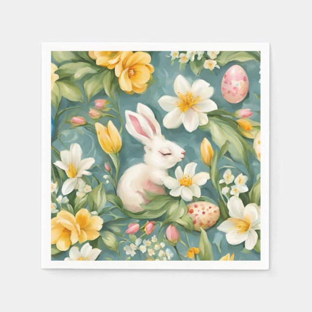 Bunnies, Frühlingsblumen und Ostereier. Malerei Serviette (Vorderseite)
