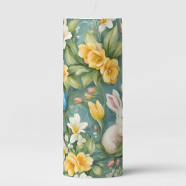 Bunnies, Frühlingsblumen und Ostereier. Malerei Stumpenkerze