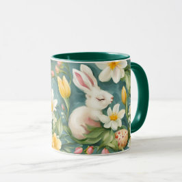 Bunnies, Frühlingsblumen und Ostereier. Malerei Tasse