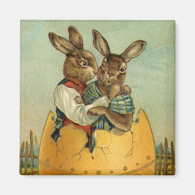 Bunnies in einem Goldeier, Vintag Viktorianischer  Magnet (Vorne)