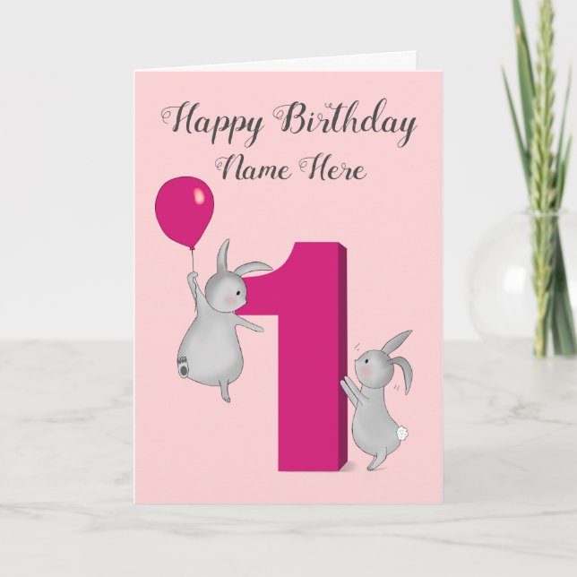 Bunnies mit Balloon 1. Geburtstagskarte Karte (Vorderseite)