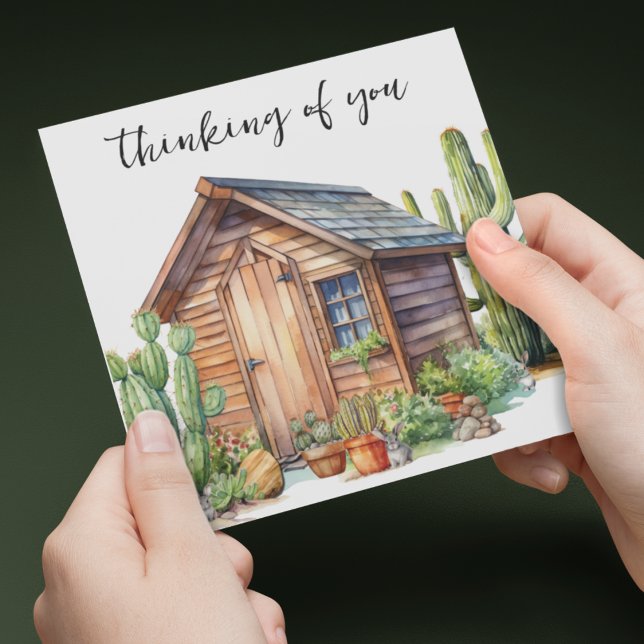 Bunnies mit Saguaro Cactus Hütte Karte (Cacti inspired thinking of you customizable greeting card with plants and a cottage. )