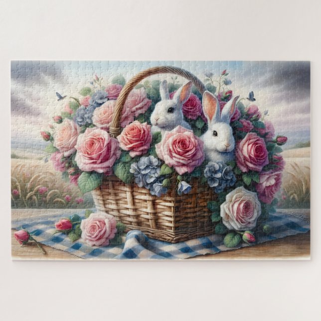 Bunnies Nestled Among Cottage Roses (Horizontal)