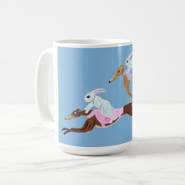 Bunnies riding Greyhounds Mug Kaffeetasse (Vorderseite Links)
