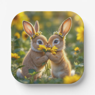 Bunnies Riechen einer gelben Sonnenblume Pappteller