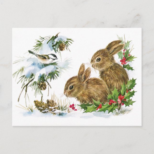 Bunnies und Bird Enjoy Snow Postcard Postkarte (Vorderseite)
