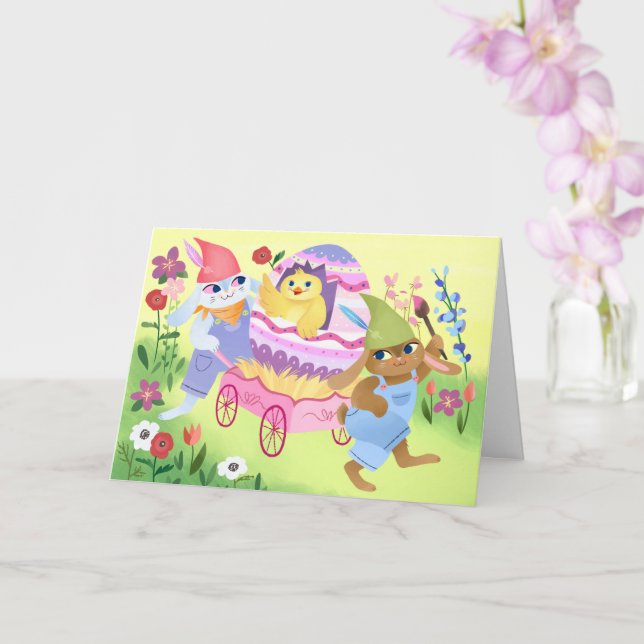 Bunnies und Chick Happy Oaster Karte (Orchidee)