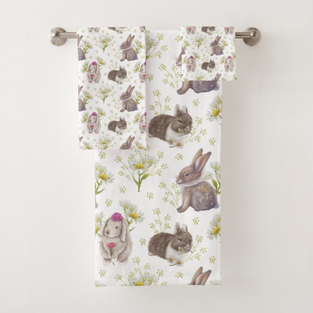 Bunnies und Daisies Muster auf weißem Set (Insitu)