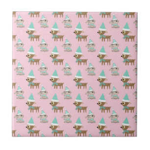 Bunnies und Reindeer über Pale Pink Holiday Art Fliese