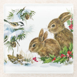 Bunnies und Vögel genießen Schnee Glasuntersetzer