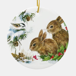 Bunnies und Vögel genießen Schnee Keramik Ornament