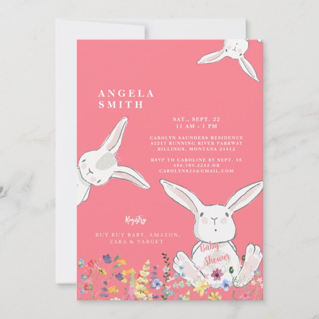 Bunnies & Wildblumen farbenfrohe Babydusche Einladung (Vorderseite)