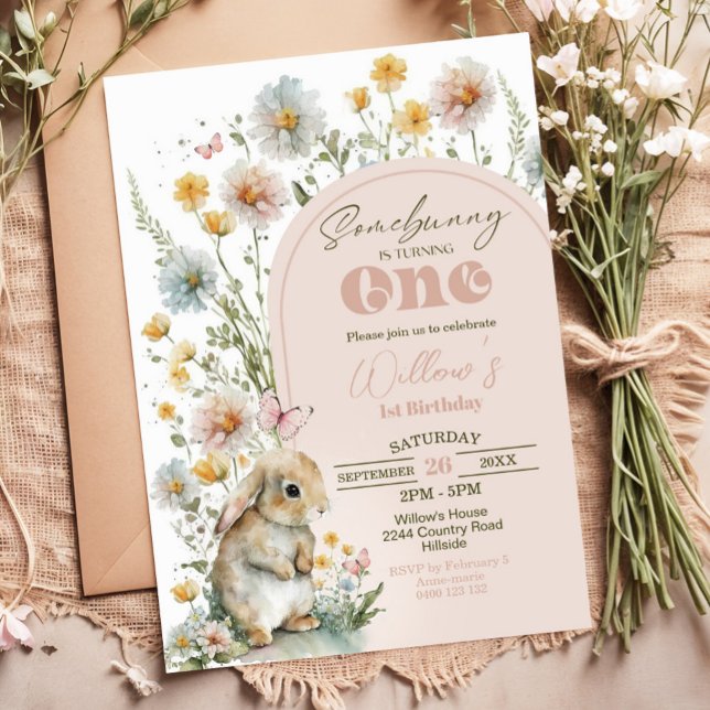Bunny 1er Anniversaire Invitation Fleurs sauvages (BUNNY Birthday Invitation Bunny 1st Birthday Invite Download Some Bunny is turning One Invitation)