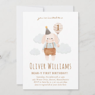 bunny 1st birthday blue balloon einladung