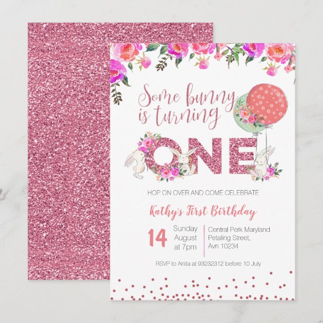 Bunny 1st Birthday Floral Einladung Pink Glitzer (Vorne/Hinten)
