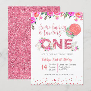 Bunny 1st Birthday Floral Einladung Pink Glitzer