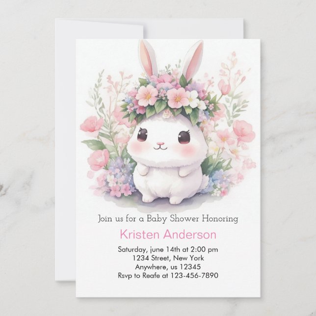 Bunny and Blooms Baby Girl Dusche Einladung (Vorderseite)