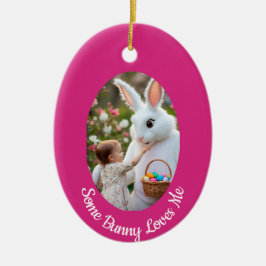Bunny and Child photo pink blue Oval Frame Easter Keramik Ornament