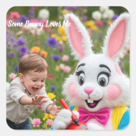 Bunny and Kid photo Easter Quadratischer Aufkleber