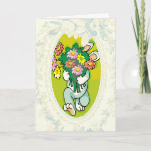 Bunny Apportant Bouquet De Fleurs Carte Pâques