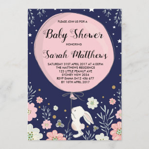 Bunny Baby Dusche Einladung Rabbit Navy Pink Star