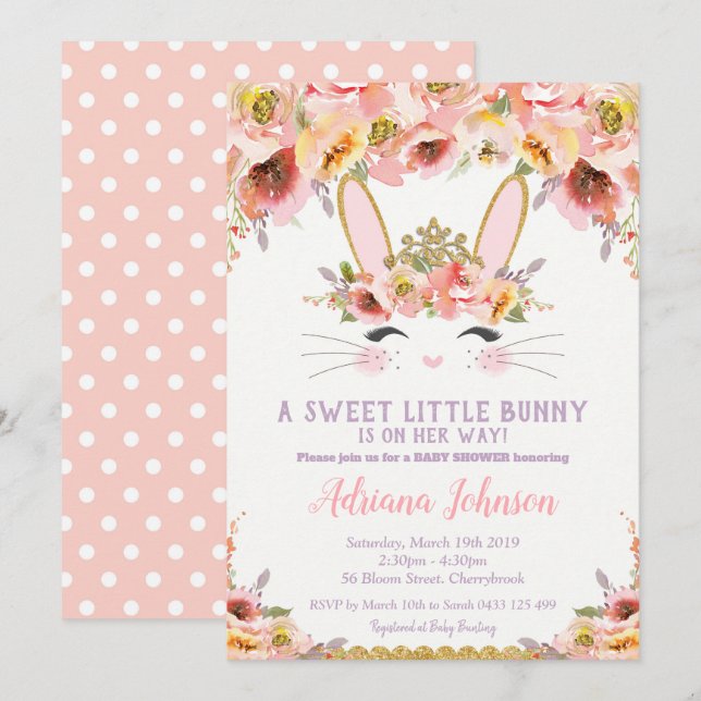 Bunny Baby Shower Einladungen Girl Floral Rabbit (Vorne/Hinten)