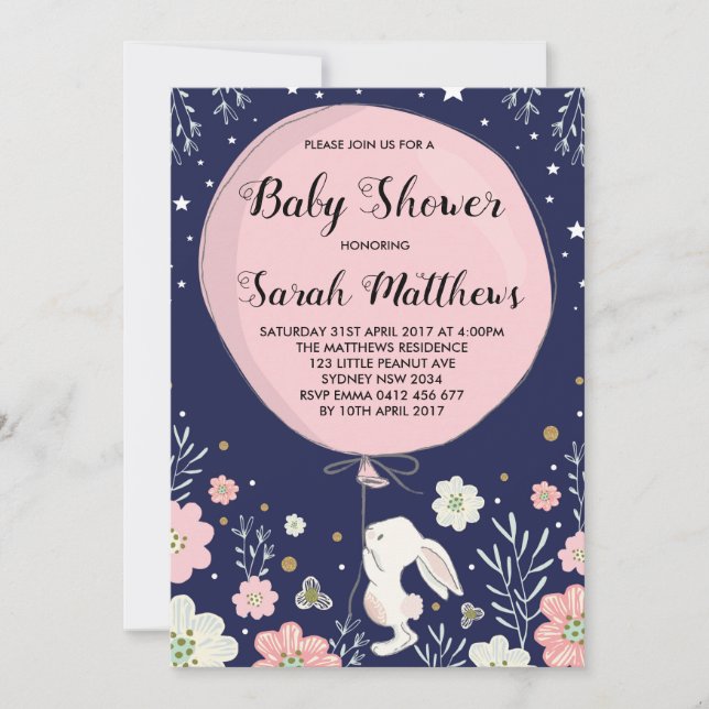 Bunny Baby shower Invitation Rabbit Marine Rose St (Devant)