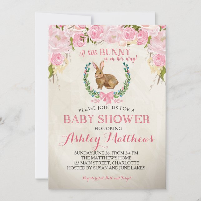 Bunny BABY SHOWER Pink Schöne Blumenladen Einladung (Vorderseite)