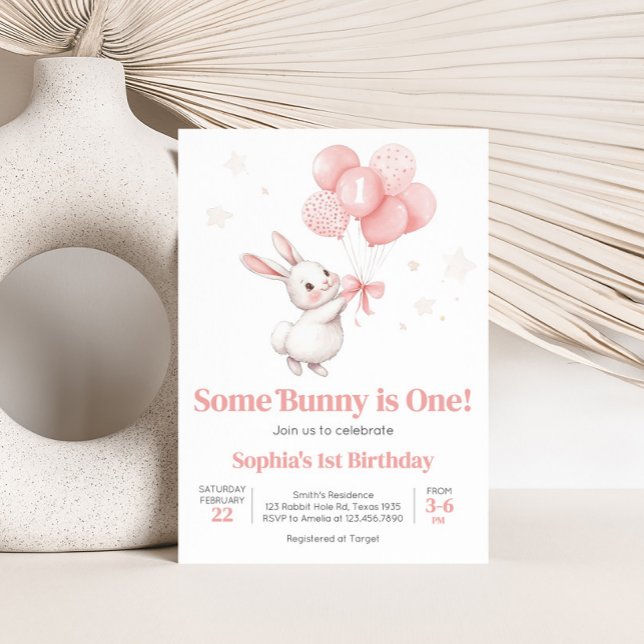 Bunny Balloon Geburtstagsparty Einladung (Some Bunny Pink Bow Balloon Birthday Party Invitation)