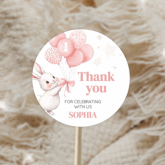 Bunny Balloon Geburtstagsparty Runder Aufkleber (Some Bunny Pink Bow Balloon Birthday Party Sticker)