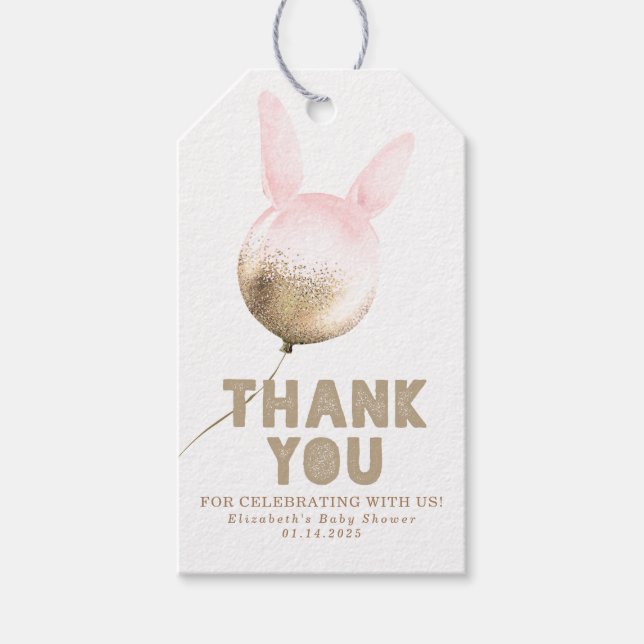Bunny Balloon Gold und Brown Pink Vielen Dank Geschenkanhänger (Vorderseite)